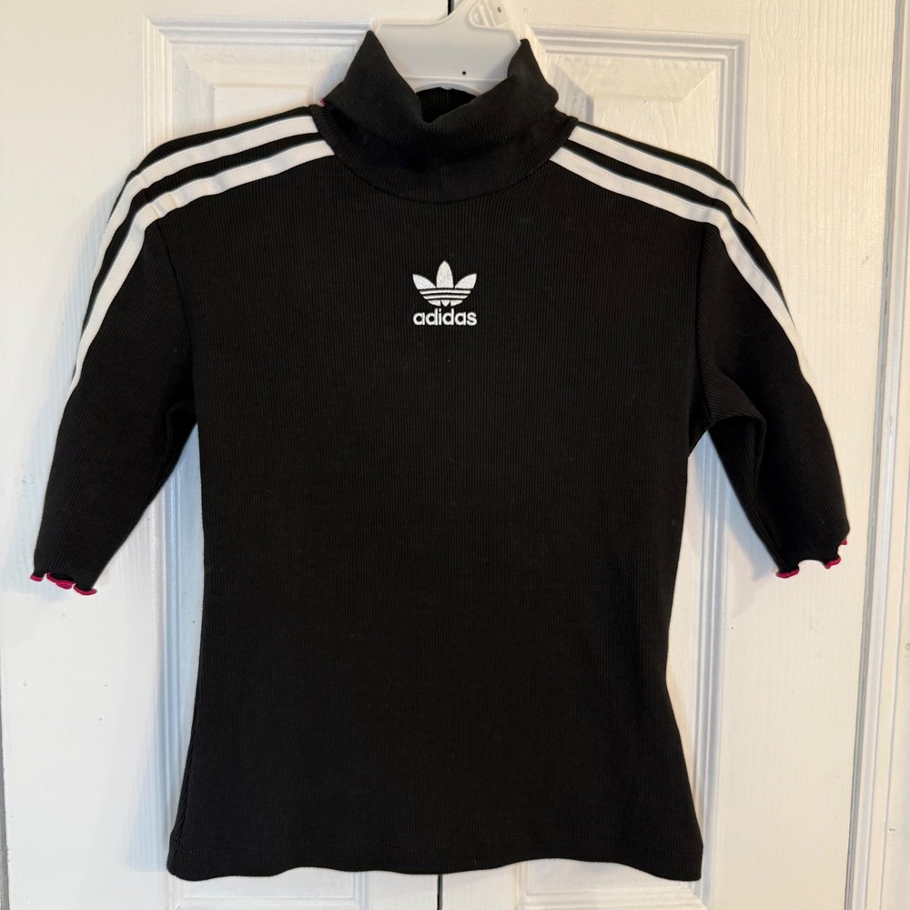 Adidas originals Mock Neck‎ Top Ribbed 3 Stripe Tee Shirt Ruffle Trim Black XS - Picture 3 of 12